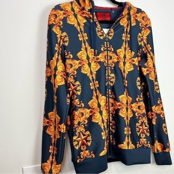 DFND London Jacket Hoodie Mens small Blue Gold full zip up abstract - Picture 3 of 11